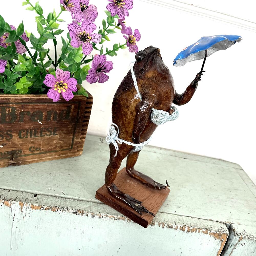 Vintage Mexican Folk Art Taxidermy Frog Blue Bikini Umbrella Oddity Curiousity